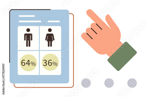 Statistical sheet showing male and female data with percentages, hand indicating navigation, and dots for interaction. Ideal for research, demographics, analytics, surveys, sociology, data