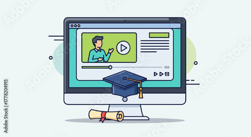 Vector illustration of computer monitor showing online course, video tutorial, and graduation cap icon.