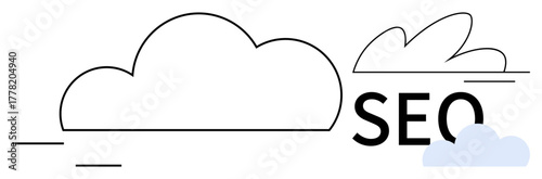 Black outlined clouds with blue accent beside bold SEO text. Ideal for digital marketing, online optimization, website analytics, search trends, branding, strategy, and communication. Simple flat