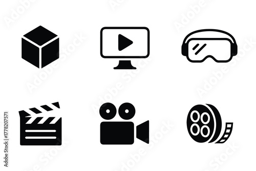 Media Production and Film Icon Set. Movie, Video, VR, and Cinema Symbols in Modern Minimal Black Vector Design for Digital Entertainment Concepts