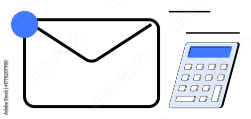 Envelope with blue notification icon and calculator conveying digital correspondence and financial calculations. Ideal for finance, communication, accounting, budgeting, organization, management