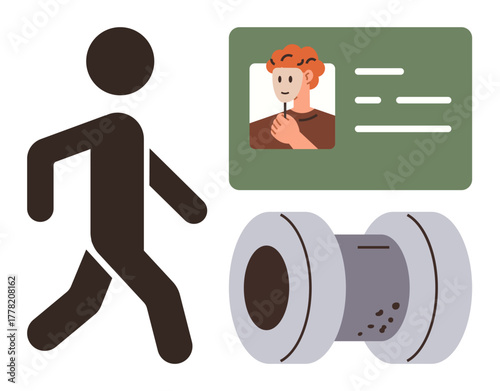 Walking person, identification card with portrait and details, and smart cylindrical tech device. Ideal for identity, fitness, monitoring, data tracking, security, innovation and biometrics in