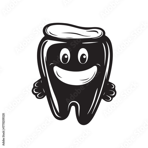 Black and white sketch of molar tooth icon with smiling face, cute hand drawn line style illustration featuring human teeth with cheerful expression