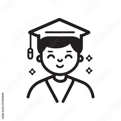 Vector icon of a graduating boy wearing a gown and toga hat, drawn in a simple and cheerful style.