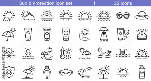 Sun Protection Icon Set for Skin Care, Safety, and Outdoors