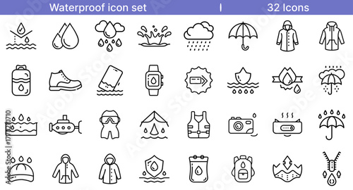 Waterproof Icon Set for Protection, Safety, and Product Durability Design