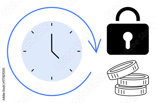 Clock wrapped by circular arrow, stack of coins, and lock represent time-saving, financial planning, protection, budget management, strategic investments, resource security, simple flat metaphor