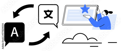Text translation exchange between speech bubbles and user pointing to a tablet. Ideal for localization, global communication, education, accessibility, content creation, technology, simple flat