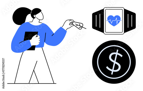 Woman holding glasses and a notebook alongside a smartwatch with heartbeat tracker and a dollar coin icon. Ideal for technology, health, finance, innovation, productivity, fitness, wearable tech. A