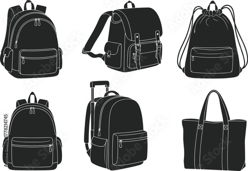 Set of different backpack and bag silhouettes, travel luggage, school backpack, tote and drawstring bag vector illustration for fashion design, accessories