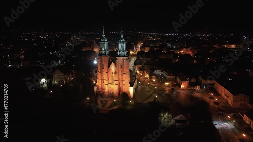 Aerial Gniezno Poland Archcathedral cityscape night 2. Since 1000 AD, main church of the Gniezno. Basilica of the Assumption of the Blessed Virgin Mary or the Sanctuary of St. Adalbert. 
