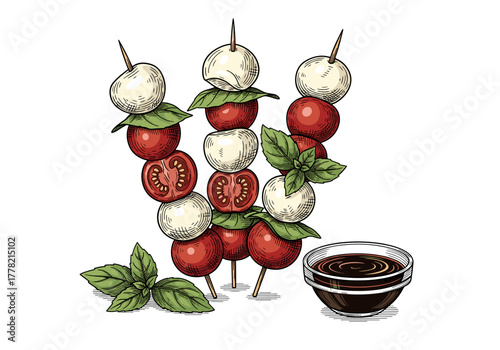 Caprese skewers vector illustration with mozzarella, tomato and basil for Italian cuisine menu and food packaging design