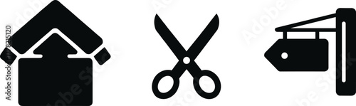 Sewing workshop vector icons set, scissors, fabric house and signboard symbols, tailor shop logo elements, fashion design and handmade crafting illustration.