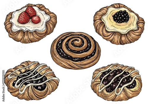 Assorted Danish pastries vector illustration with cream and berries for bakery branding and sweet product packaging
