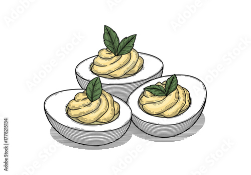 Deviled eggs vector illustration with herbs for Easter appetizer menu and culinary magazine design