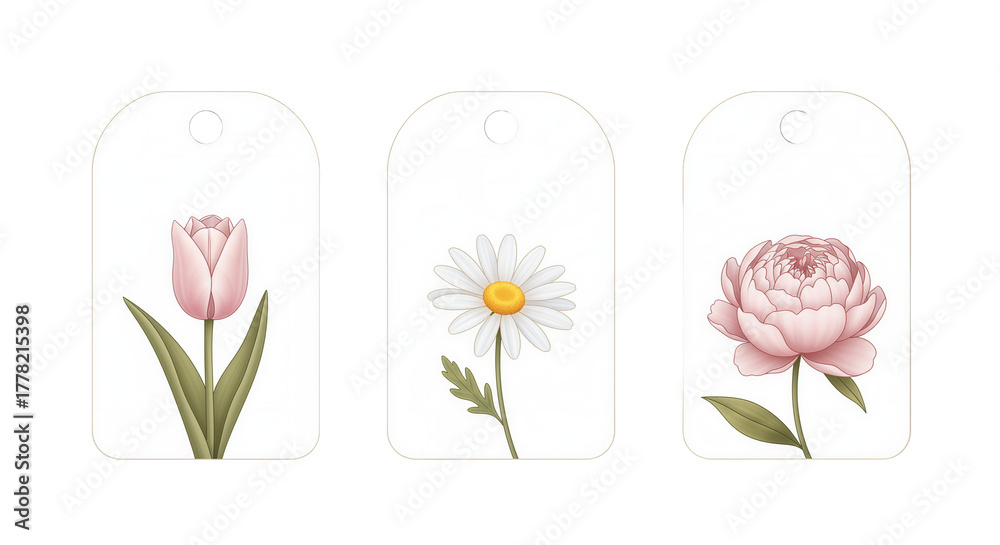 Fototapeta premium Floral gift tags featuring tulip, daisy, and peony designs 
