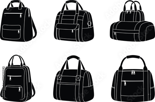 Silhouette collection of stylish backpacks and duffle bags, modern travel and gym bag vector illustration set for fashion and accessories design