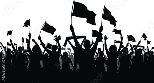 Silhouette crowd of cheering people waving flags at public event, protest or celebration, vector illustration of unity, freedom, and activism concept