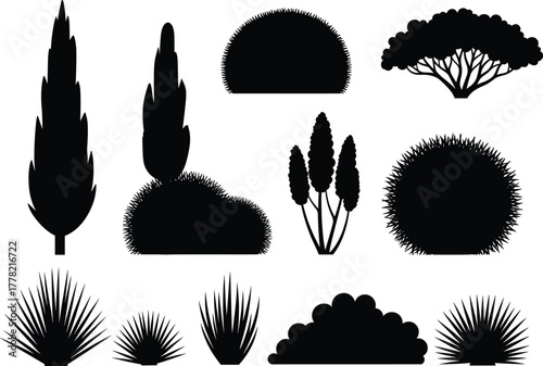 Tree and shrub silhouette vector set, black botanical shapes, desert plants, garden foliage, landscape design elements, minimal nature icons, agave illustration