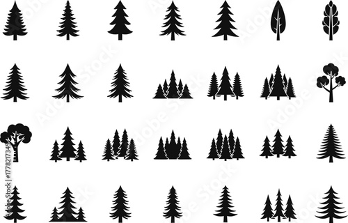 Tree silhouette vector set, black forest icons, coniferous and deciduous shapes, nature graphic elements, woodland clipart, isolated tree collectionTree silhouette vector set, black forest icons, 