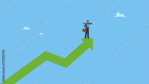 Confidence businessman stand on growing arrow pointing up in the sky. Growth strategy challenge to improve and achieve business goal, leadership to lead company to meet target, motivation.