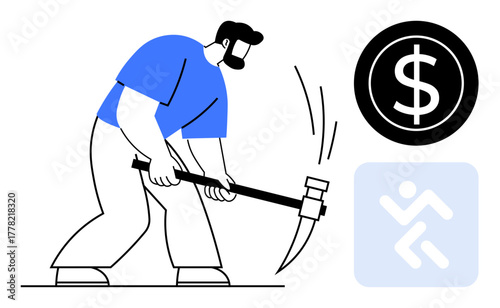 Person using a pickaxe symbolizing hard work, near a dollar sign and teamwork icon representing collaboration, effort, and financial targets. Ideal for business, success, teamwork, economy, ambition