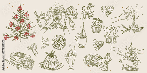 Set of whimsical hand drawn Christmas craft elements in vintage minimal line art. Textured ink and chalk cute doodles: fir tree, cookies, candles, food, angels for DIY, scrapbook, holiday card design.