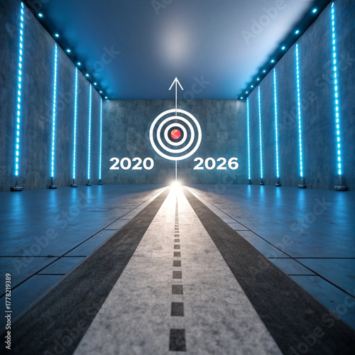 Goal achievement from 2020 to 2026 concept in tunnel target for success