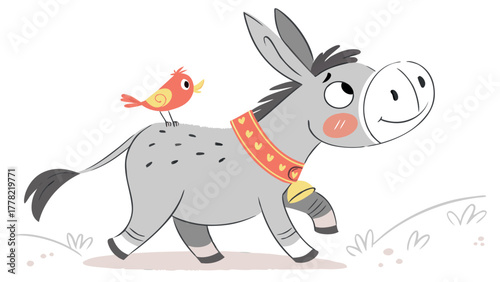 Cute Cartoon Donkey Walking with a Little Red Bird | Cheerful Farm Animal Illustration