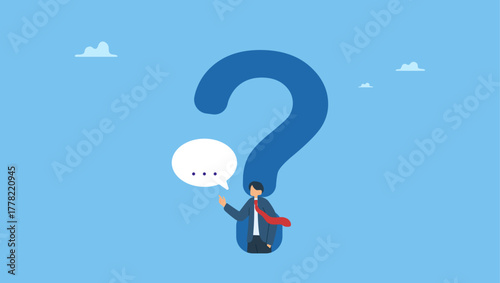 Determination businessman comes out from question mark sign to answer question. Answer business question, determination or sill and decision to solve problem, FAQ frequently asked questions.