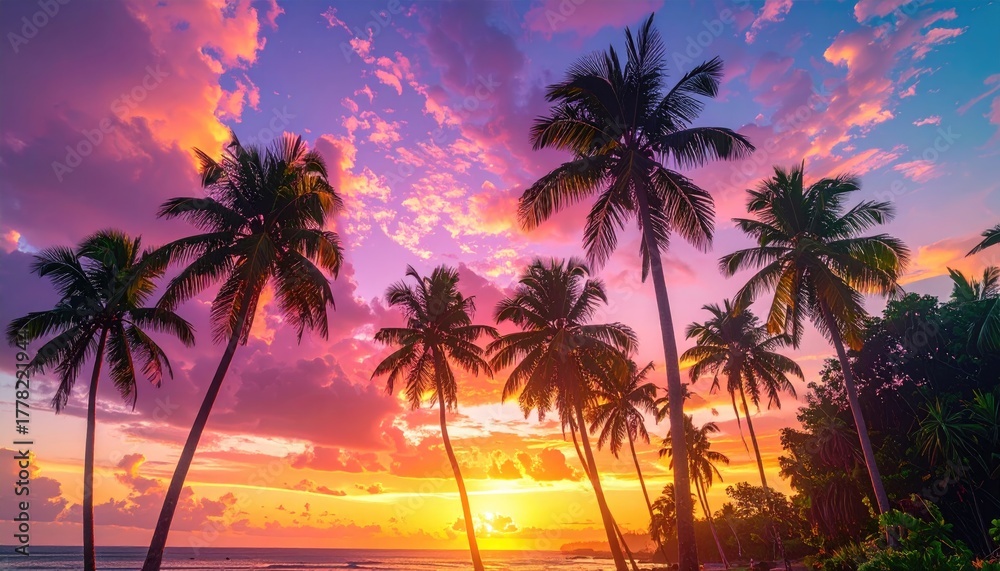 Naklejka premium Tropical island paradise at sunset with silhouetted palm trees against a vibrant orange pink and purple sky over a calm ocean horizon