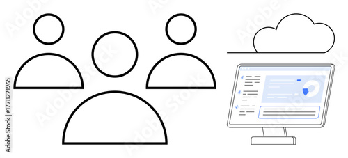 Three user icons connected to a cloud and computer interface representing collaboration, cloud computing, data security, team management, remote work, digital tools, and online productivity in