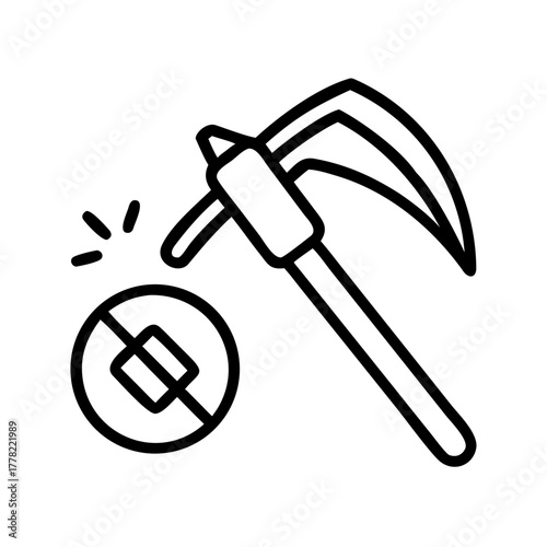 An illustration of a scythe with a crossed-out circle on a clean background. The scythe is a farming tool that can be used for harvesting crops