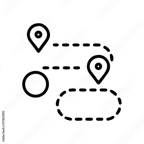 Route map, journey icons in a black and white graphic design style. The image portrays a travel route, with a location marker and dotted lines showing the path