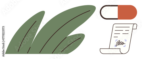 Green overlapping leaves, red and orange capsule, and signed prescription paper suggest herbal remedies and eco-friendly medical practices. Ideal for health, nature, organic, wellness, ecology