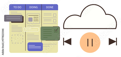 Kanban task board with sections for To Do, Doing, and Done alongside cloud media controls. Ideal for productivity, task prioritization, time management, cloud collaboration, organization, focus