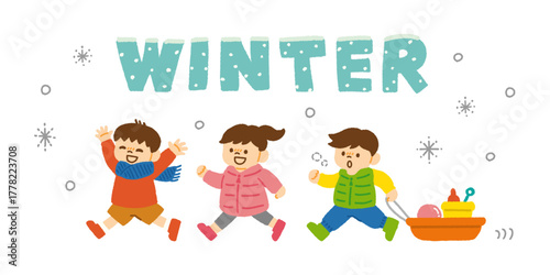 子供 雪遊び 走る 3人組 冬 イラスト 手描き