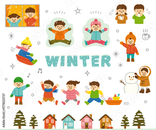 冬 子供 雪 冬休み セット イラスト 手描き 雪遊び 冬服 素材