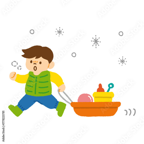 雪遊び 子ども そり 道具 ボール 冬 イラスト 手描き