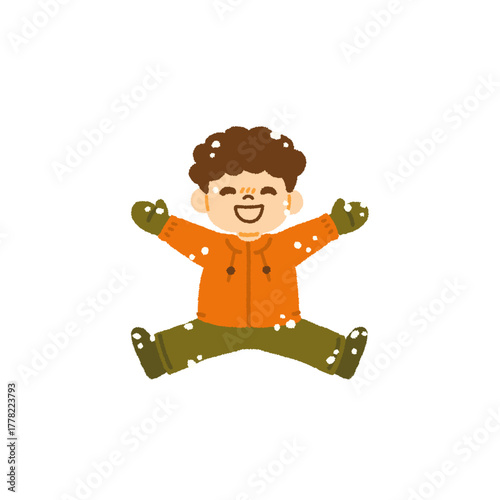 雪の上で寝転んで笑っている男の子のイラスト 冬 手描き