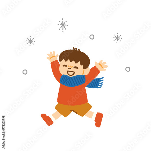 雪遊び 子ども 薄着 マフラー 冬 イラスト 手描き