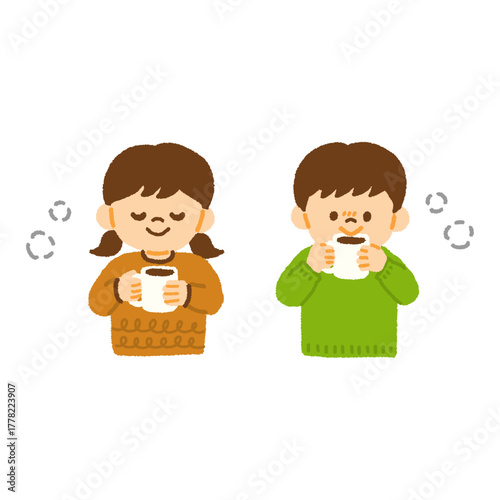 子供 ホットココア 飲む 冬 暖かい イラスト 手描き