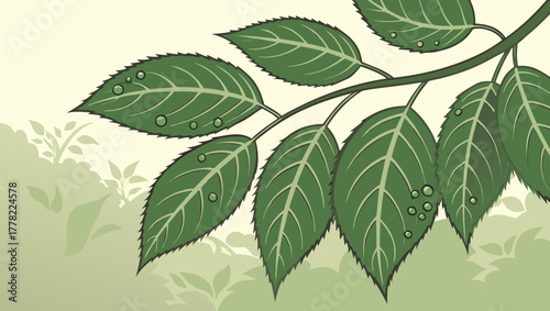 Green leaves with water drops vector illustration for nature and botanical themed designs and artwork needs