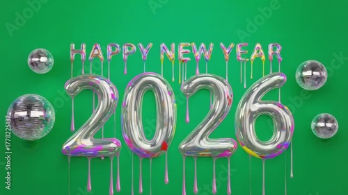 Happy new year celebration with silver balloons and disco balls on a green background scene video