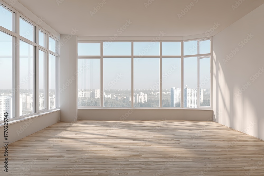 Fototapeta premium Bright empty room features expansive panoramic windows overlooking an urban landscape