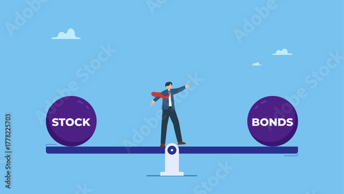 Businessman investor balance on stocks and bonds seesaw. Stocks vs bonds in investment asset allocation, risk assessment portfolio or expected return in long term mutual funds, pension fund.