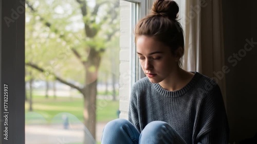 Young Woman Contemplates Life's Challenges While Gazing Out Window on a Spring Day