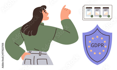 Woman gesturing towards approved document files and GDPR shield focusing on data privacy. Ideal for legal, regulation, security, compliance, privacy, information protection, and safety concepts