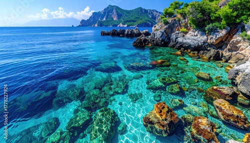 Fototapeta Naklejka Na Ścianę i Meble -  Crystal Clear Turquoise Water On A Rocky Shoreline With Distant Mountains Under A Bright Blue Sky On A Sunny Day