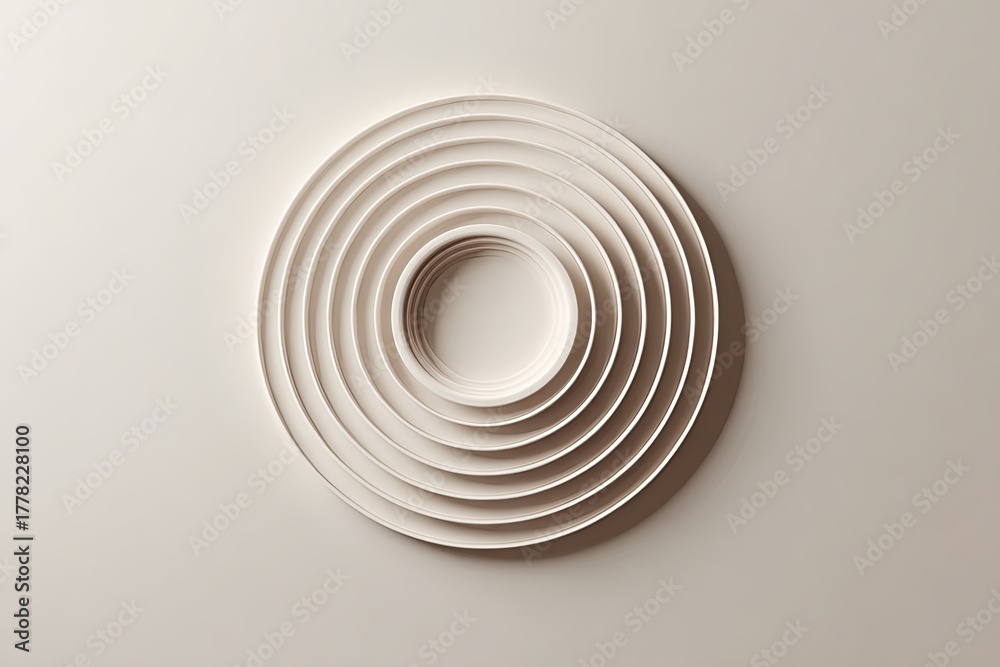 Fototapeta premium Concentric circular shapes cast soft shadows on a neutral surface from an overhead perspective